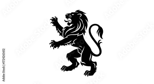 A black heraldic lion rampant, detailed illustration.