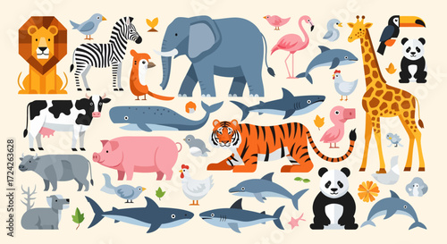 A vibrant and diverse collection of various animals, including mammals, birds, and marine life, presented in a flat, illustrative style.