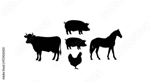 Silhouette of farm animals including a cow, horse, pig, chicken, and another pig.