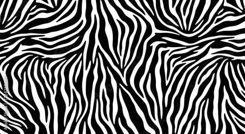 A close-up, seamless black and white zebra stripes animal print pattern, creating a bold and abstract textured background.