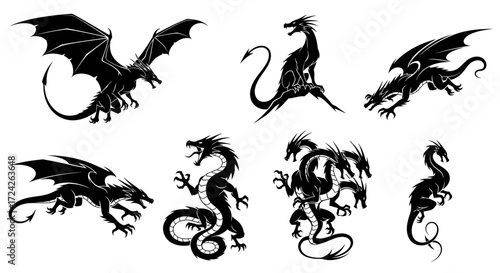 Silhouette collection of various dragons in different poses.