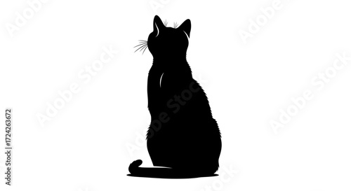 A sleek black silhouette of a domestic cat sitting upright, viewed from behind on a plain white background.