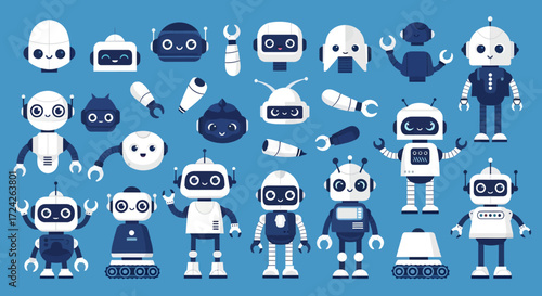 Collection of cute robot illustrations in flat style.