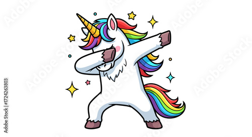 A cartoon unicorn with a rainbow mane and tail is doing a dab dance move with sparkles around it.