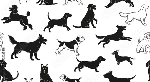 Seamless pattern of various dog breeds in black and white silhouettes, showcasing different poses and sizes on a white background.