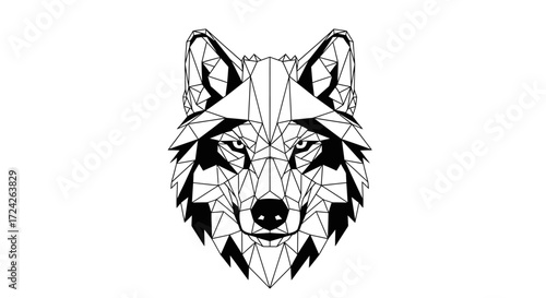 Geometric wolf head illustration with intricate triangular facets in black and white.