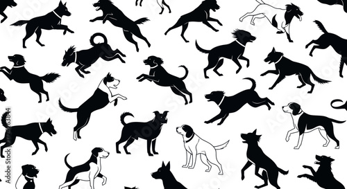 Black and white dog silhouettes in various jumping poses, creating a seamless pattern.