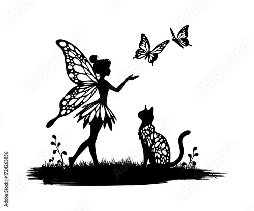 A black silhouette design featuring elegant and cute fairy girl, with a black cat and butterflies 