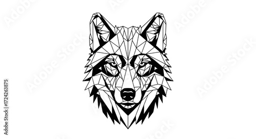 Geometric wolf head design, intricate polygon art, black and white.