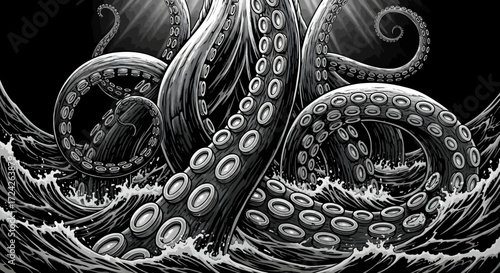 A terrifying kraken with enormous, detailed tentacles rises from the dark, stormy ocean waves in a monochrome illustration.