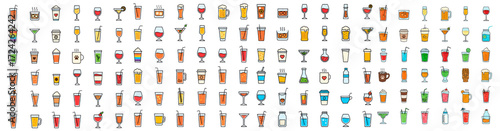 Many colorful beverage drink and cocktail cup icons