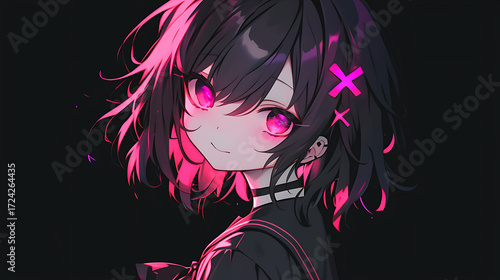 Black emo girl smiling anime style, with accessories on hair illustration