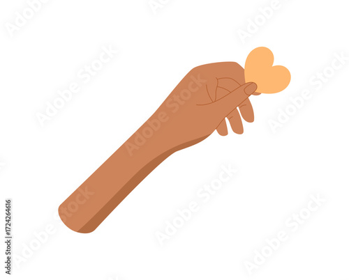 Flat vector hand with a heart, symbolizing love, support, and charity. Gesture of giving highlights aid and human care. Creative symbol of help solidarity for voluntary concepts.