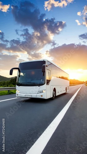 A modern white tour bus glides down a highway during a vibrant sunset, symbolizing travel, vacations, and transportation under a cloudy sky.