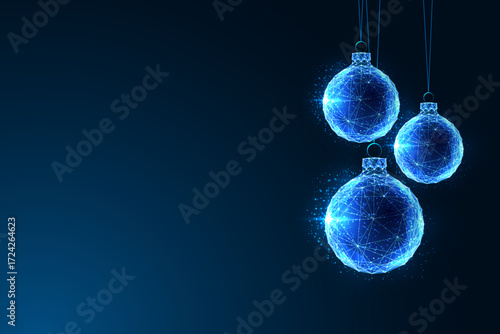 Three glowing digital Christmas baubles on right side, greeting card, minimalist vector illustration
