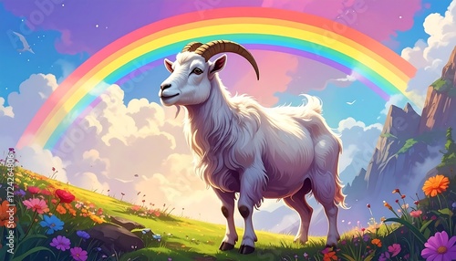 Fototapeta Naklejka Na Ścianę i Meble -  A white goat stands amidst a colorful meadow beneath a vibrant rainbow