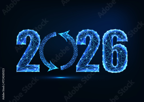 2026 New Year low poly glowing vector numbers with update loop arrow symbol in futuristic style