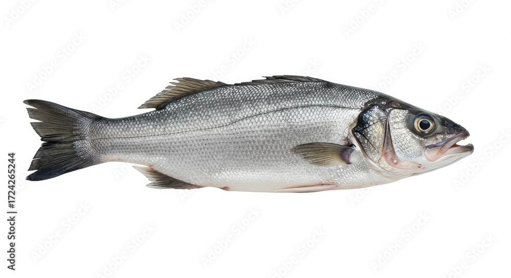Fototapeta premium A whole fresh sea bass, displayed against a plain white background, showcasing its detailed scales and streamlined form.