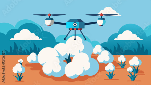 A drone equipped with multispectral sensors flies over a cotton field analyzing plant health and identifying areas that require additional nutrients or water.. Vector illustration