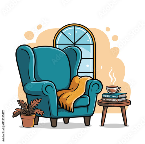 A cozy scene with armchair, blanket, books, coffee, plant, and a window in a cartoon style illustration