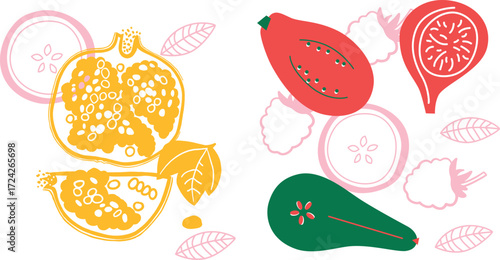 Apple and apple slice cartoon flat illustration. Red apple vector. Fruits simple abstract illustration. Summer print.	
