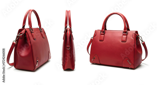 Fashionable women's handbag in four angles on white background