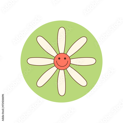 Groovy retro daisy with cute smile on green flat circle sticker. Happy flower sticker adds y2k charm as package patch or lid accent for creative retro product design.