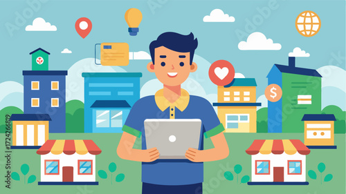 An entrepreneur in a small town uses social media platforms to promote their handmade products and gain customers from all over the country.. Vector illustration