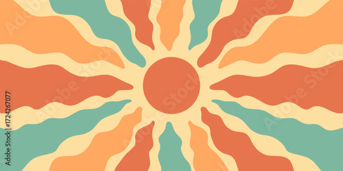 Retro groovy sun burst with bold wavy ray shapes and orange yellow burst. sun and sunshine fill a flat y2k background, horizontal orientation enhances this lively retro burst for vibrant, upbeat