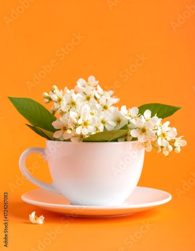 White flowers in a white cup on an orange background