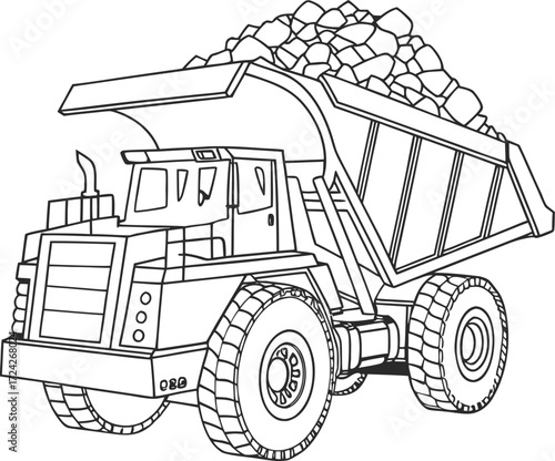 Construction dump truck loaded with materials on white background banner