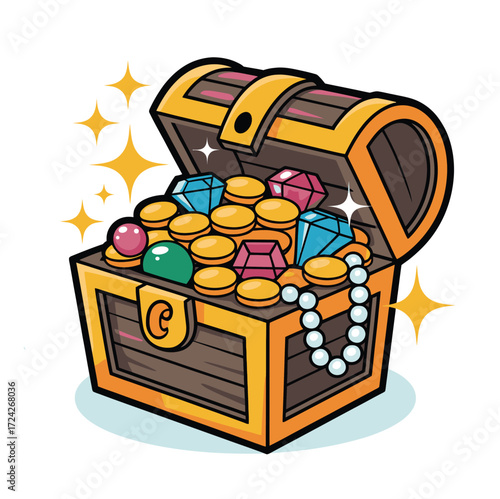 A cartoon illustration of a treasure chest filled with gold coins and various colorful jewels