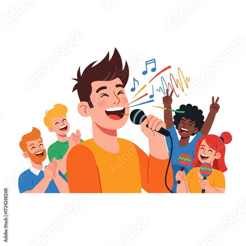 Singing Event, Young Singers, Colorful Background, Illustration, Joyful Atmosphere, Engaging Viewpoint, Celebration Concept