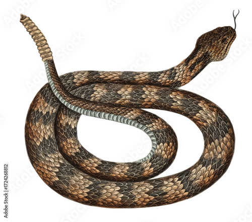 This is an accurate scientific illustration of a Western rattlesnake (Crotalus oreganus), a venomous snake. The image is a PNG file with a transparent background
