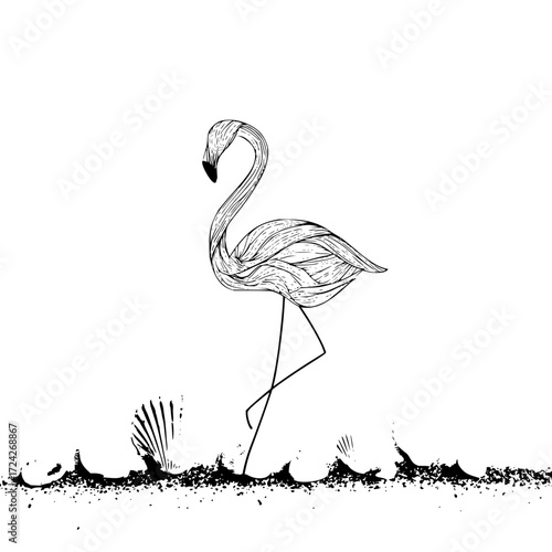 A line art drawing of a flamingo standing on a beach with scattered seashells and a white background