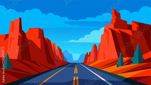 A scenic drive through a canyon with towering red rock formations on either side and a clear blue sky above mesmerizing in its grandeur.
