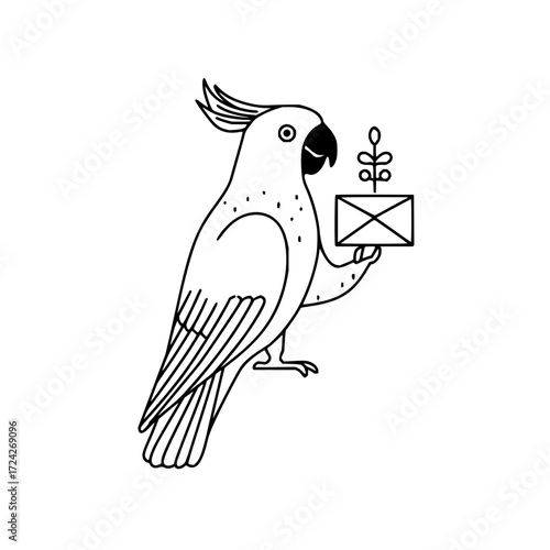 Cockatoo holding a letter with a plant on top in black and white line art illustration style image