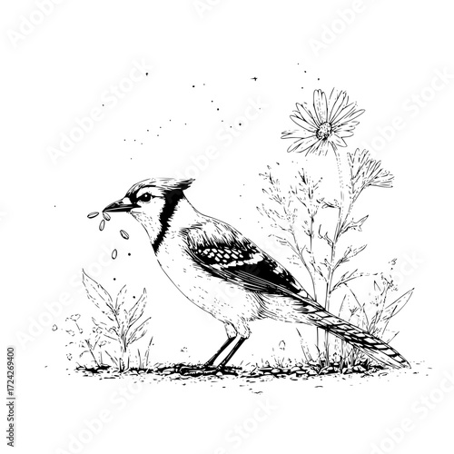 Illustration of a blue jay bird standing near a flower with seeds in its beak in black and white style
