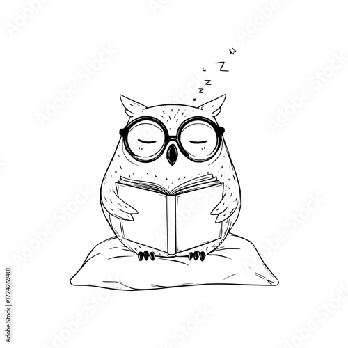 Illustration of an owl wearing glasses reading a book while sitting on a pillow and falling asleep