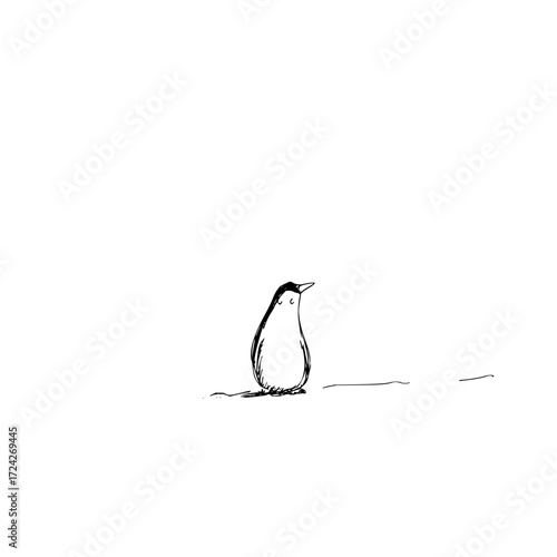 A simple black and white sketch of a penguin standing alone on a white background looking up and to the right