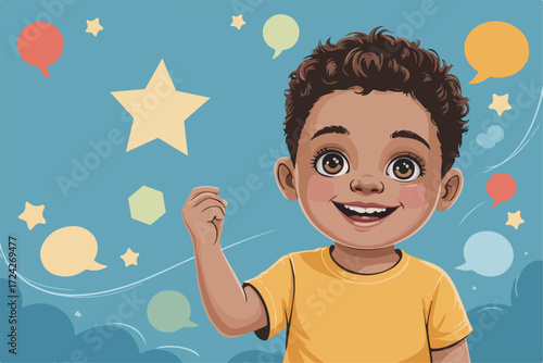 Illustration of a happy child with curly auburn hair and bright brown eyes, holding a speech bubble, surrounded by colorful thought bubbles, playful and creative concept.