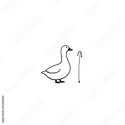 A simple black and white drawing of a goose standing next to a whimsical striped walking stick like cane
