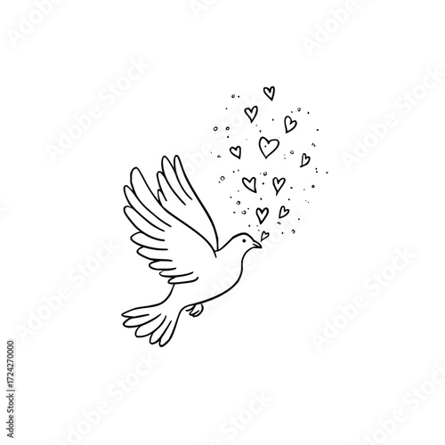 Flying dove with hearts in a simple black and white line drawing style spreading love and peace design