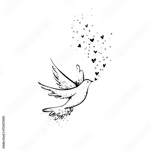A stylized drawing of a dove in flight with hearts and stars emanating from its beak in black and white