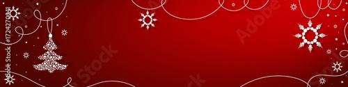 Christmas red background with snowflakes and christmas tree. Long horizontal banner. Snow, star, circle elements. Creative holiday vector illustration.