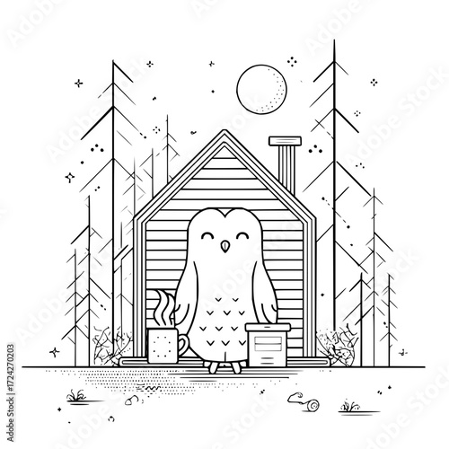 Owl standing in a cabin doorway with a cup of tea and a box at night in the forest scene