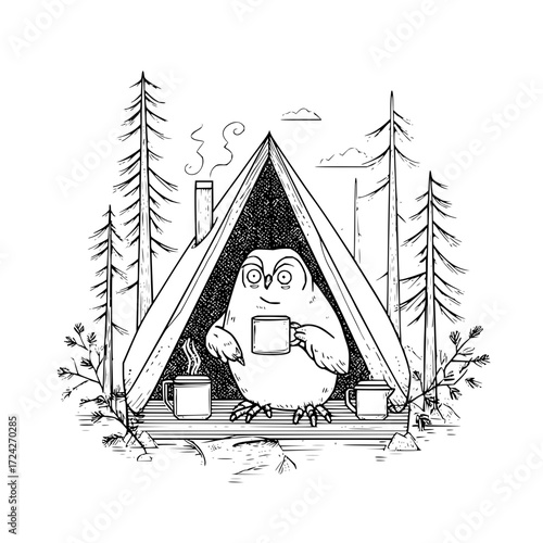 Illustration of an owl holding a mug in a tent surrounded by trees and additional mugs on a platform