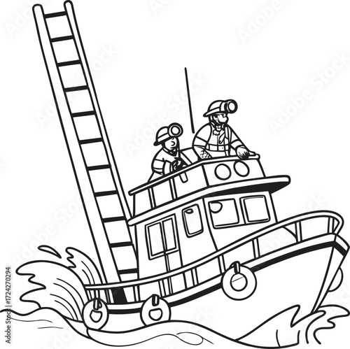 Fire rescue boat with ladder and emergency lights illustration