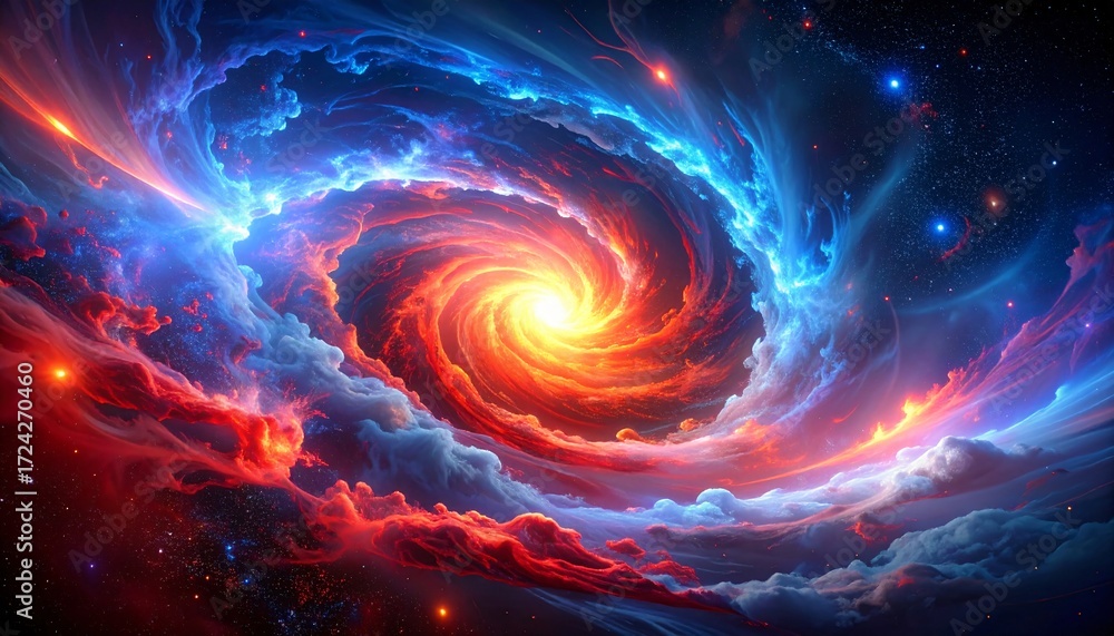 Obraz premium A vibrant, swirling cosmic nebula with a bright, fiery core, featuring glowing clouds of red and blue gas and distant stars, evoking a sense of awe and the vastness of space.