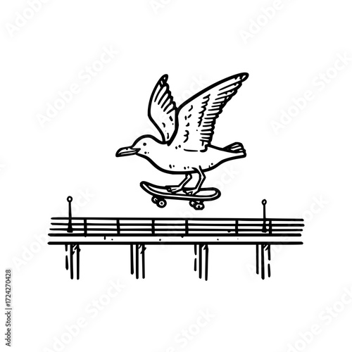 A whimsical drawing of a seagull riding a skateboard over a bridge in black and white illustration style